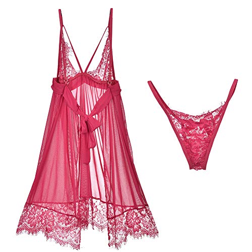 LotFancy Lingerie for Women, Sexy Lace Chemise, V-Neck Open Back Sleepwear, Adjustable Strap Nightwear, Wine Red