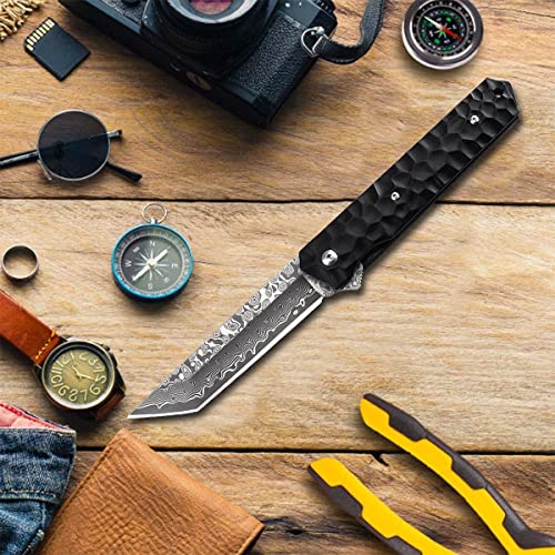 AUBEY Camping Tanto Folding Pocket Knife, EDC Damascus Blade Knives With Aluminum Alloy NonSlip