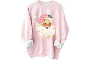 YAFINMO Womens Pink Christmas Sweatshirt Novelty Funny Santa Xmas Tree Graphic Pullover Tops Loose Casual Crewneck Shirts