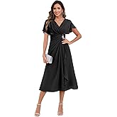 OXQLY Tea Length Mother of The Bride Dresses for Women Dressy Cap Sleeve Chiffon V Neck Ruffle Formal Wedding Guest Prom Gown