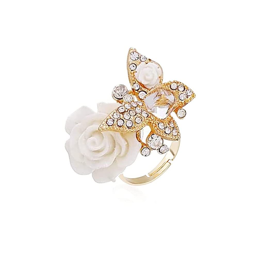 CZ Butterfly Flower Wedding Ring for Women Girls Statement Engagement Rectangle Rhinstone Aryclic Rose Adjustable Open Wrap Finger Rings Comfort Fit Cocktail Party Vintagage Jewelry Gift (White)