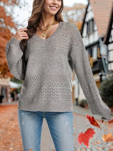 XINWEIZZ SWEATERS FOR WOMEN 2024 CASUAL LONG SLEEVE V NECK SHIRTS LIGHT WEIGHT FALL CROCHET TOPS PULLOVER SWEATERS DARK GREY
