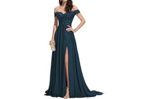 seezom Women's Laces Appliques Bridesmaid Dress Chiffon Prom Dress Off Shoulder Formal Evening Party Gowns with Slit