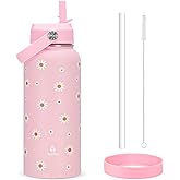 XccMe Pink Daisy Water Bottle with Lid,32oz Insulated Water Bottle with Flip Straw and Handle,Daisy Gifts for Women Girls Teens Birthday Christmas,Leak Proof Stianless Steel Water Bottle