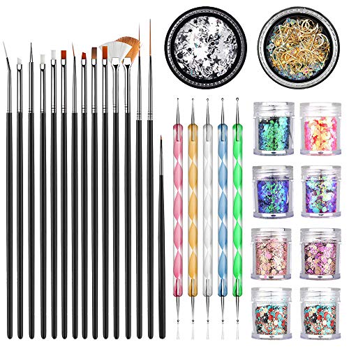 JOYJULY Professional Nail Art Supplies with 15pcs Brush Set, 5pcs Dotting Pen, 2pcs 3D nail diamonds rhinestones Kit, 8pcs Chunky Glitter Sequins for Nail Art/Body Glitter/Cosmetic Face/Hair