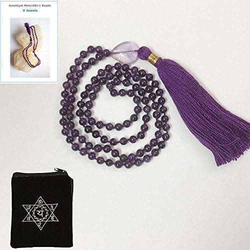 Free Amethyst Property &amp; Benefit Booklet Amethyst Prayer 108 + 1 Beads on Hand-Knotted String Mala with Embroidered Sanskrit Symbol Bag .