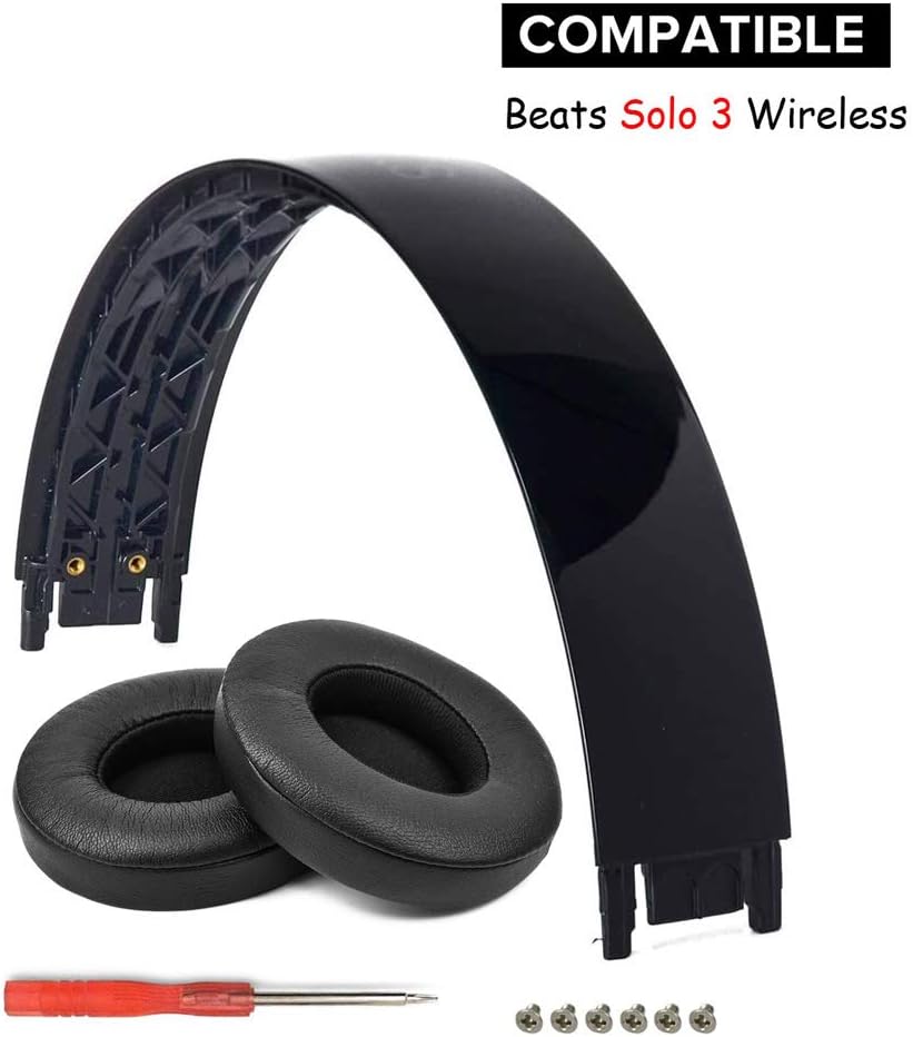 Solo 3 Headband and Earpads Replacement Top Head Band Arch Ear Pads Cushion Muffs Repair Parts Compatible with Beats Solo3 Solo 2 Wireless Headphones (Gloss Black Headband+Black Earpads)