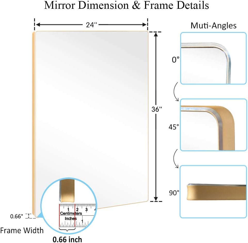 belle electrical Wall Mounted Bathroom Mirrors 36X24, Thin Large Modern Rectangular Aluminum Metal Frame Makeup Bathroom Mirrors for Wall, Gold Round Corner Mirror Hangs in Vertically or Horizontally: Home & Kitchen