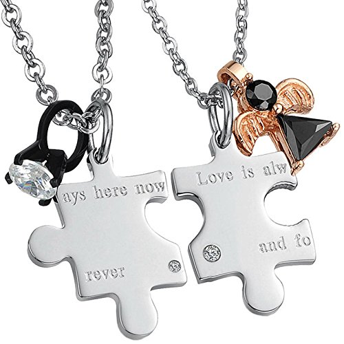 UM Jewelry Womens Mens Stainless Steel Crystal Heart Puzzle Engraved Words Pendant Couples Necklace