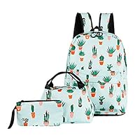 ABage School Bag 3 backpack Set Cute Lunch Bag Pattern Bookbag with Pencil Case for Girls and Boys, Green Cactus