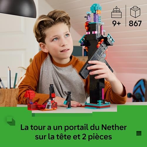 Minecraft 2-en-1 La Tour de l’Enderman - Jouet Modulaire sous Forme de 2 Forteresses - Figurines Mob d'Enderman & Portail du Nether - Cadeau pour Gamer, Garçon ou Fille dès 9 Ans 21279