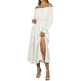 DEMVORA Women's Off Shoulder Boho Dress Long Sleeve High Waist Side Split Flowy Sexy Maxi Dress Wedding Cocktail Casual Dress