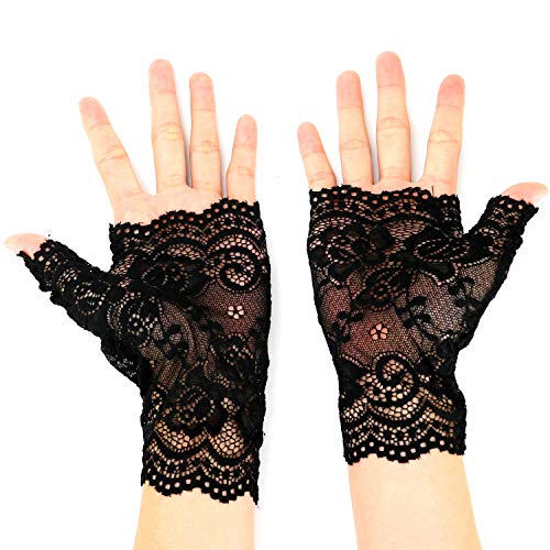 Buorsa Black Short Lace Half Finger Gloves UV Protection Fingerless Gloves Women's Floral Lace Gloves Party Driving Wedding - Thumbnail 5