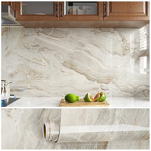 VEELIKE Wallpaper Wall Sticker Wall Paper Decor Beige Gold Marble Peel and Stick Self Adhesive Thick Durable Waterproof Removable Vinyl 15.7x118 Inches for Living Room Bedroom Kitchen Cabinets for DIY