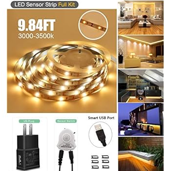LED Strip Light, Topled 9.84ft Motion Sensor Flexible LED Tape Light (3000K Warm White) Under Bed Cabinet Night Lighting, Brightness Adjustable 2835 LED Rope Light for Home Hallway Bedroom Kitchen