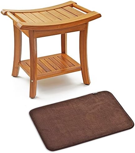 WELLAND 19.5" Deluxe Teak Wood Shower Bench w/ Chocolate Bath Mat