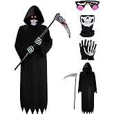 Kephay Halloween Grim Reaper Costumes for Kids Adult 5Pcs Set Scary Ghost Cosplay Outfit with Glowing Red Eyes Favors Gift (Kids-Small)