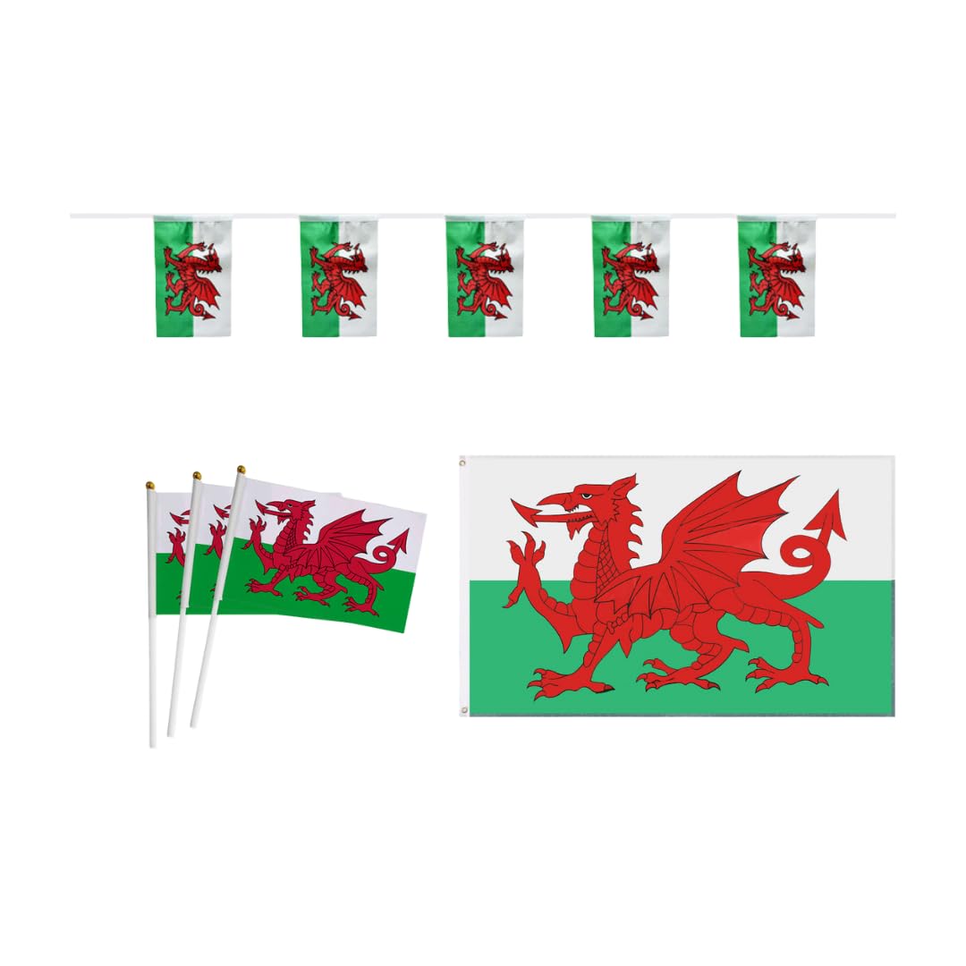 ADDICTD Welsh Flag Bundle for St. David’s Day Decoration – Welsh Flags on Sticks, Large Wales Flag & Bunting for Six Nations Rugby, Football Matches, Parades, Celebrations, Parties