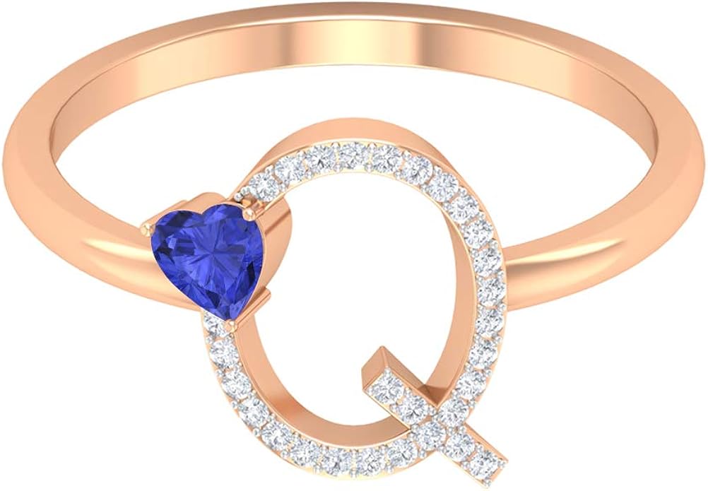 Letter Q Ring, 3 CT Heart Cut Tanzanite Ring, HISI Diamond Initial