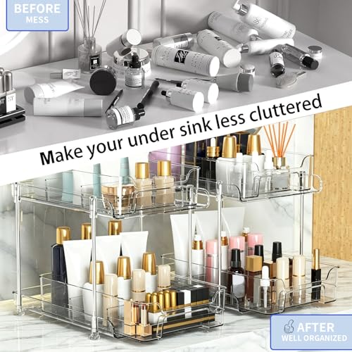 Yoawllty Under Sink Organizer,2 Tier Bathroom Cabinet Organizer,Clear Organizers storage with Dividers and Cups,Multi-Purpose Slide-Out Storage Container for Cabinet,Fridge,Kitchen,Makeup(2Packs）