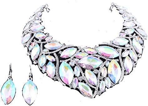 OUHE Women Crystal Chunky Choker Statement Necklace Earrings Wedding Prom Jewelry Set Costume Fashion Accessories with Gift Box
