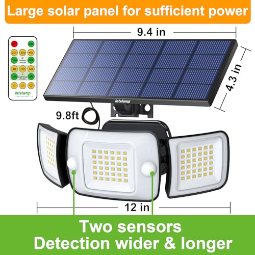 intelamp Solar Lights Outdoor with Remote Control, 2.7 Cable | Solar Sensor Lights with Dual Sensors 1200LM Waterproof Flood Lighting for Yard, Garage, Garden