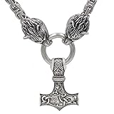 Handmade Viking King's Stainless Steel Wolf Head Necklace With Huge Thor's Hammer