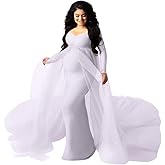 Women's Long Sleeve Off Shoulder Maternity Maxi Photography Dress Tulle Wedding Mermaid Gown for Photoshoot Baby Shower