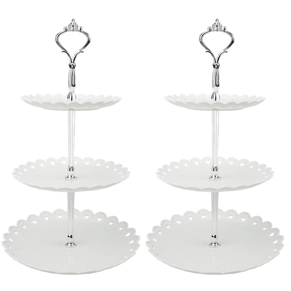 Hotoco 3-tier White Silver Plastic Dessert Stand Pastry Stand Cake Stand Cupcake Stand Holder Serving Platter for Party Wedding Home Decor-Small-set of 2