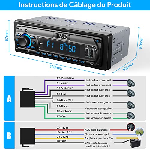 RDS Bluetooth 5.0 Car Radio with LCD Clock Display, 7 Colours Lighting, 4 x 65 W Car Radio 1 Din for 9-24 V Car, Supports Handsfree/FM/AM/2 USB/AUX/SD/TF/MP3