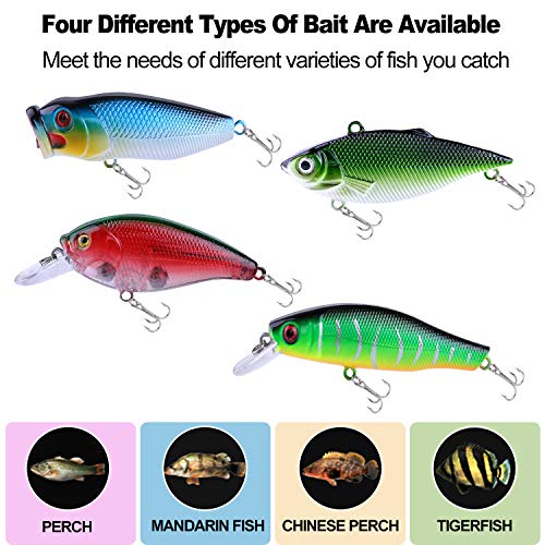 TOPFORT 51Pcs Fishing Lures Kit Set for Bass,Trout, Salmon Including Fishing Spoon,Soft Plastic Worms, CrankBait, VIB Lures, Popper Lures, Minnow Lures, Jig Hooks,Topwater Lures with Tackle Box