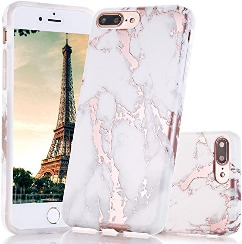 LYFSTYL Case for iPhone 8 Plus and iPhone 7 Plus | Premium Marble Design IMD TPU Slim-Fit Clear Bumper Flexible Soft Rubber Silicone Case | Chrome Rose Gold White