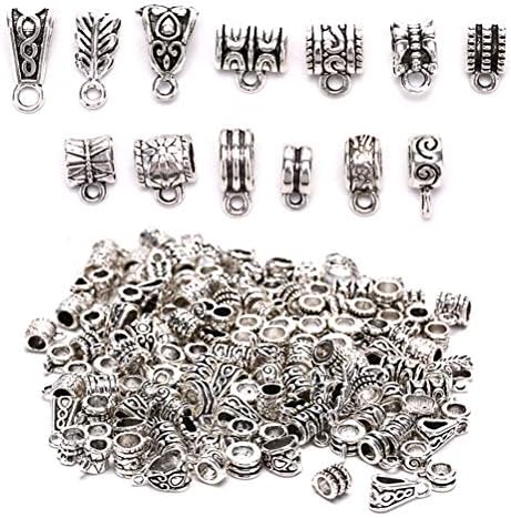 Qingsi 120 Pcs Mixed Antique Tibetan Silver Bail Tube Beads Connectors Spacer Bead Hanger for DIY Necklace Bracelet Jewelry Making