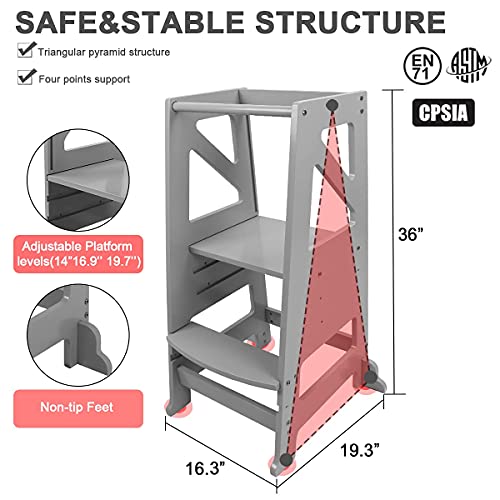 Dripex Kids Kitchen Step Stool, Adjustable Height Wooden Standing Tower with Safety Rail