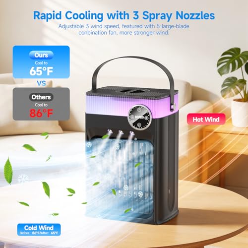 Portable Air Conditioners, Upgraded 4 in 1 Evaporative Air Cooler with 1200ML Tank, Queit Cooling Fan with Remote Control, 2-8H Timer, 3 Modes & 8 Lights, Personal AC Unit for Bedroom and Camping