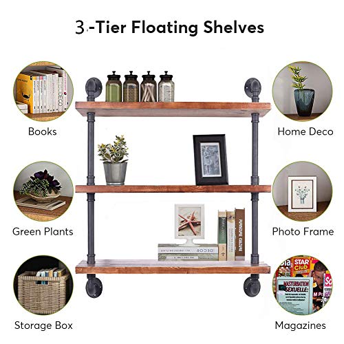 Diwhy Industrial Pipe Shelving Bookshelf Rustic Modern Wood Ladder Storage Shelf 3 Tiers Retro Wall Mount Pipe Dia 32mm Design DIY Shelving (Black, L 36") - Thumbnail 7