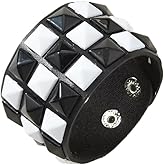 BaBakiak Black White Checkered Punk Leather Cuff Bracelet, Adjustable Genuine Wristband for Men Women, Gothic Halloween Accessories