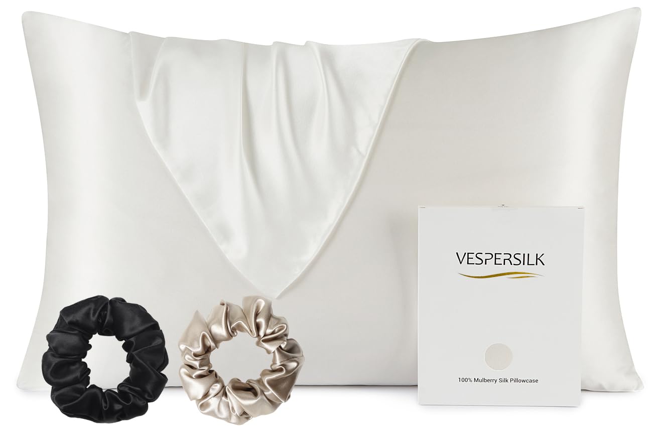 Vespersilk 100% Mulberry Silk Pillowcase & 2 Scrunchies Set for Hair and Skin Health, 19 Momme Grade 6A Organic Silk Both Sides, with Hidden Zipper (Standard 50x75cm, Ivory White)