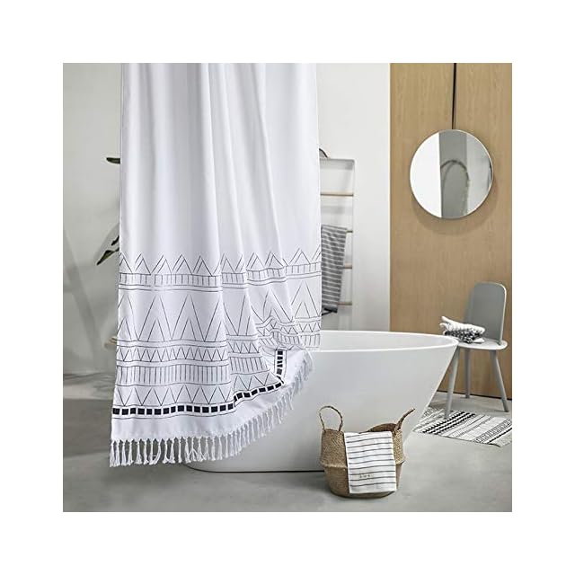YoKii Tassel Fabric Shower Curtain, Black White Geometric Boho Striped