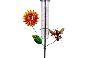VEWOGIFT Bee Rain Gauge Outdoor, Freeze Proof Rain Gauge with 7" Plastic Tube, Metal Sunflower Decorative Stake for Garden Yard, Measuring Precipitation