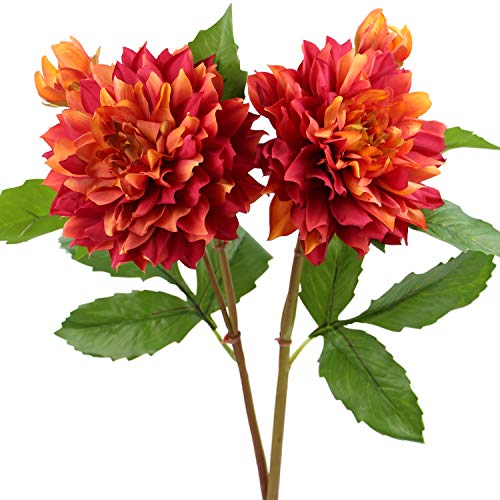 Rinlong Artificial Dahlia Flowers 2pcs Orange Silk Dahlia