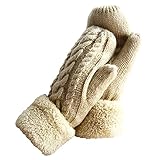 Women's Winter Gloves Warm Lining - Cozy Wool Knit Thick Gloves Mittens in 6 color (Cream)