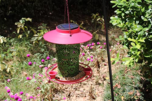 Solar Bird Feeders for Outdoors Hanging Garden Light,Metal Tube Feeders for Wild Birds Cardinals Feeding Station Retractable,3 Water Cups,Big Roof