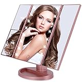 Makeup Vanity Cosmetic Magnifying Mirror with 22 LED lighted 180° Free Rotation Tri-fold Portable Touch Screen Dimmer Rose Gold Color Beauty Mirror for Males & Females