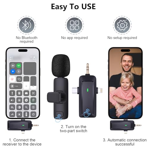 Wireless Lavalier Microphone for iPhone/Android/Camera/Computer - 4 in 1 Clip-on Microphone with Noise Reduction for Outdoor Vlogging, Interview, TikTok, Live Streaming,Video Recording