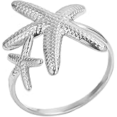 Double Starfish Wrap Band Statement Ring for Women Stainless Steel Fashion Adjustable Irregular Sea Star Finger Thumb Open Rings Boho Knuckle Stackable Comfort Fit Ocean Holiday Summer Beach Jewelry