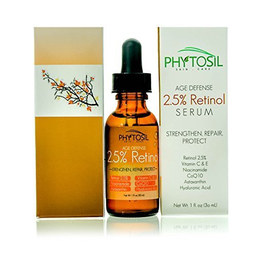2.5% Retinol Serum – Strongest Retinol Available – With 20% Vitamin C & E, Hyaluronic Acid, Astaxanthin, CoQ10 – Diminish Wrinkles, Build Collagen, Tighten Sagging Skin, Fade Spots – Phytosil 1 OZ
