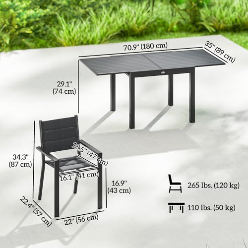 Outsunny 7 Piece Patio Dining Set for 6, Aluminum Expandable Outdoor Table and Stackable Chairs with Padded Back and Mesh Seats, Patio Furniture Dining Set for Garden, Black