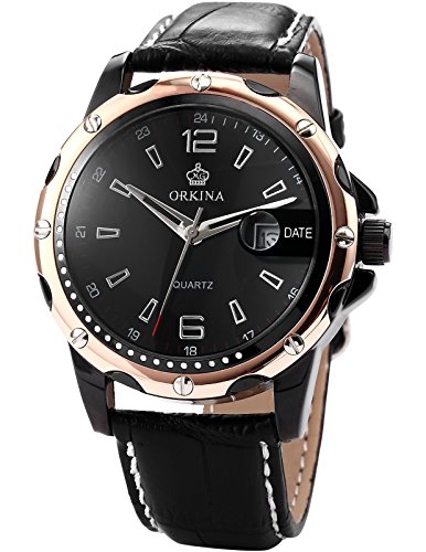 Orkina Mens Black Dial Rose Gold Case Leather Date Sport Quartz Wrist Watch Gift ORK051