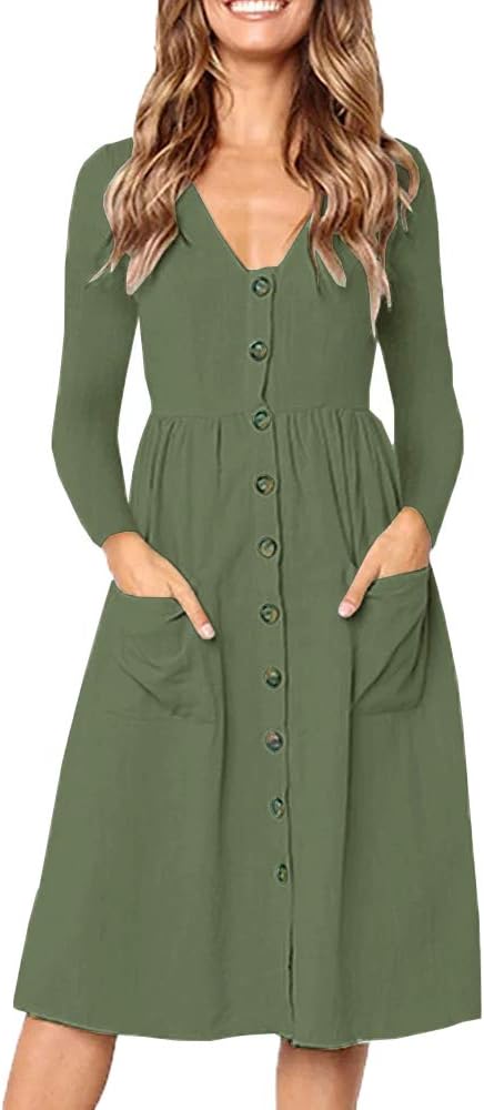 Huiyuzhi Womens V Neck Button Down Shirt Dresses Long Sleeve Ruffles Midi Skater Dress with Pockets